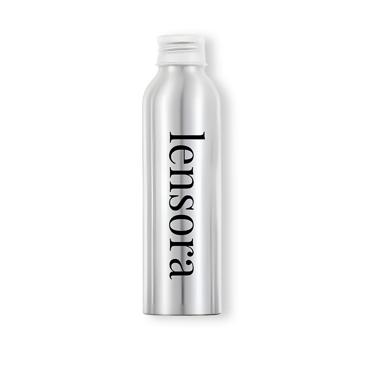 A silver aluminum spray bottle with a white cap, featuring the brand name 'lensora' printed vertically in black serif font, set against a plain white background.