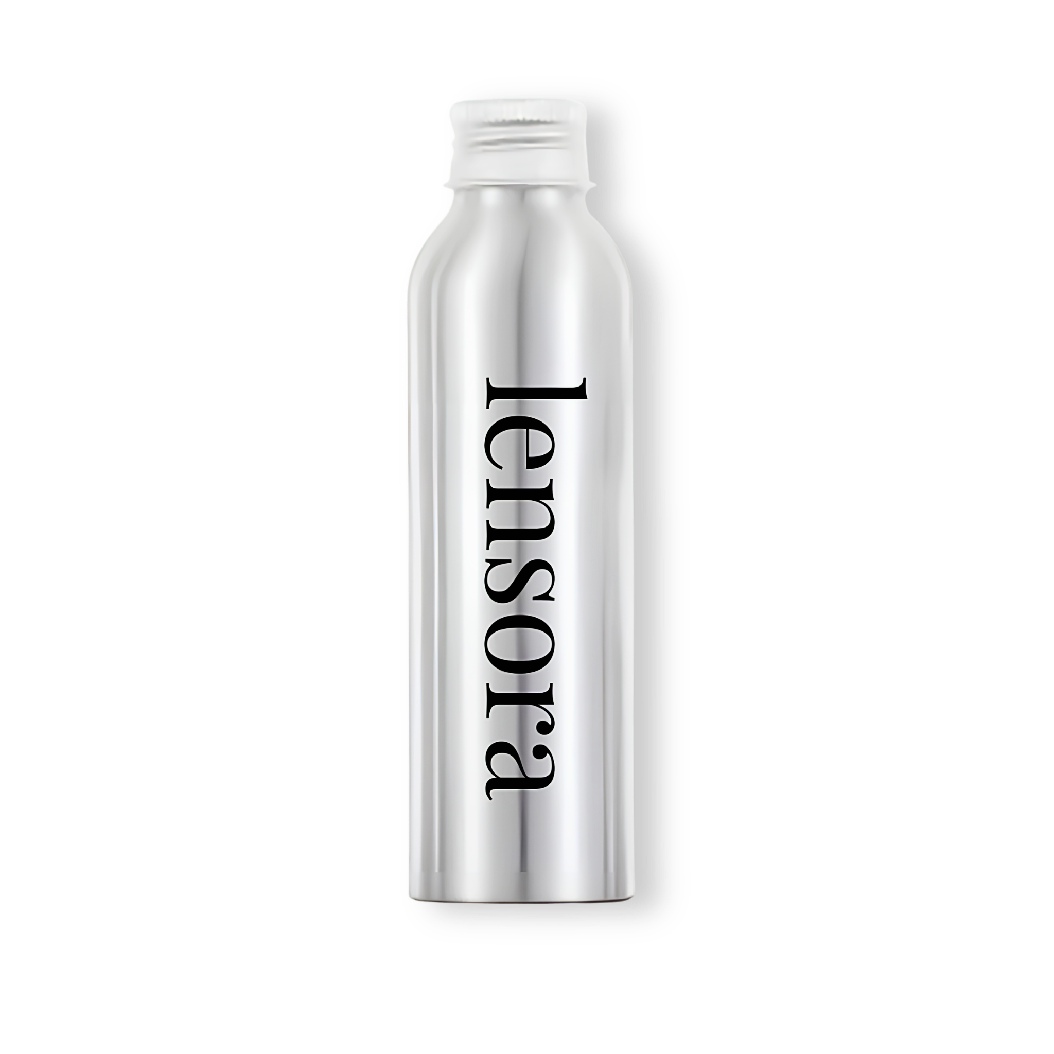 A silver aluminum spray bottle with a white cap, featuring the brand name 'lensora' printed vertically in black serif font, set against a plain white background.